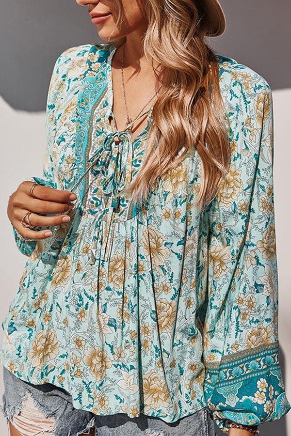 Ethnic Style Lantern Sleeve Fringed Tie Top