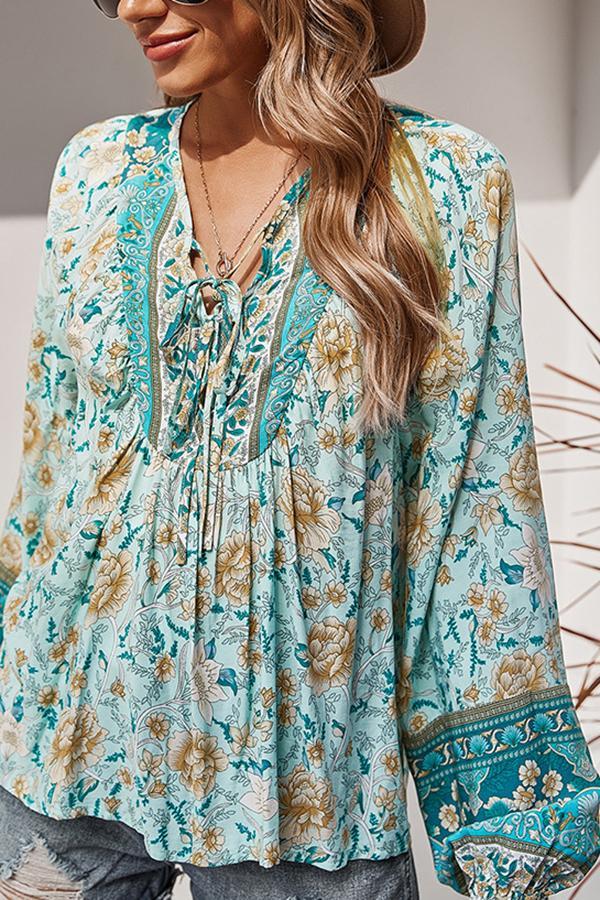 Ethnic Style Lantern Sleeve Fringed Tie Top