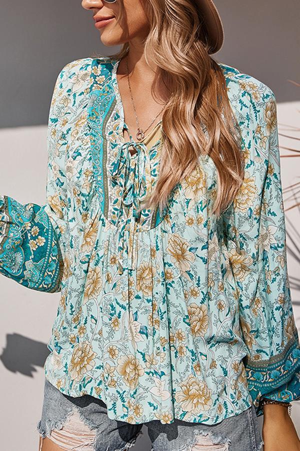 Ethnic Style Lantern Sleeve Fringed Tie Top