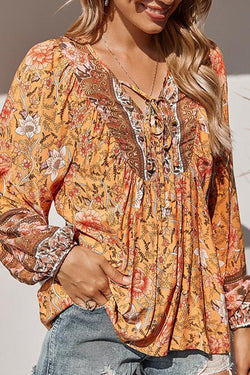 Ethnic Style Lantern Sleeve Fringed Tie Top