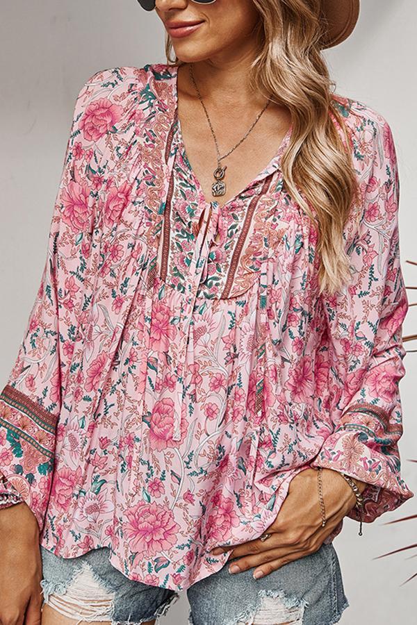 Ethnic Style Lantern Sleeve Fringed Tie Top