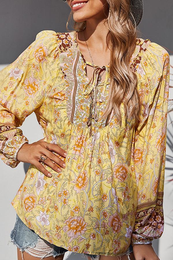 Ethnic Style Lantern Sleeve Fringed Tie Top