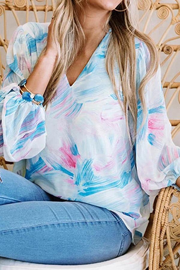 Long Sleeve V-neck Printed Chiffon Shirt