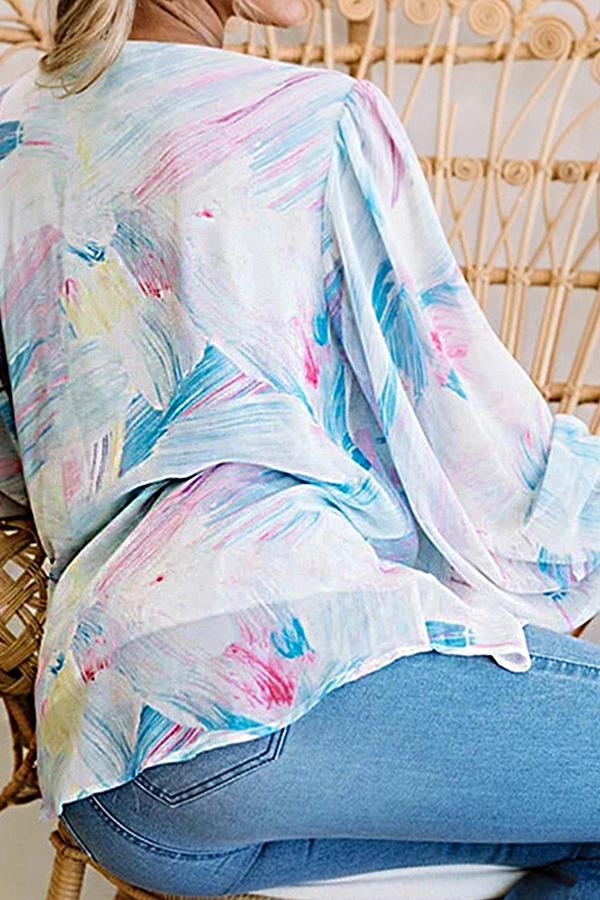 Long Sleeve V-neck Printed Chiffon Shirt