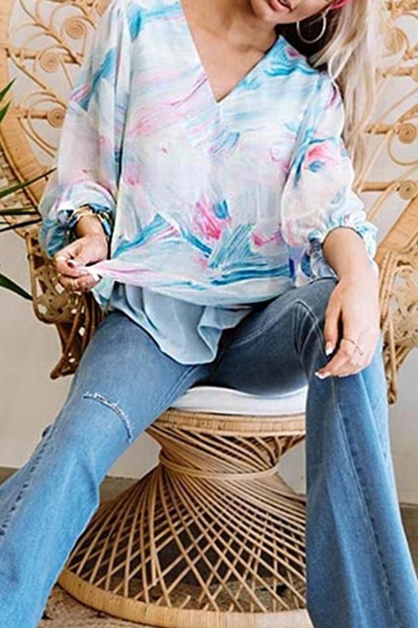 Long Sleeve V-neck Printed Chiffon Shirt