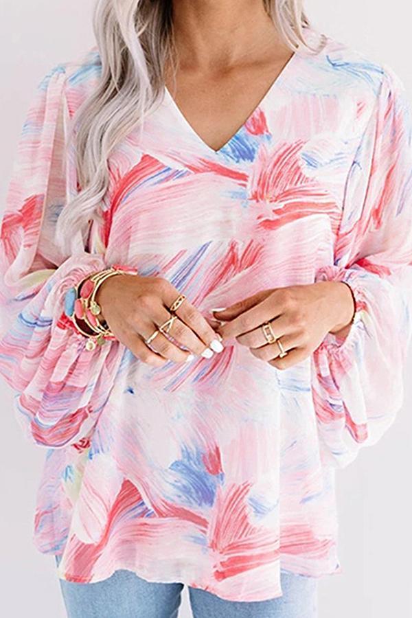 Long Sleeve V-neck Printed Chiffon Shirt