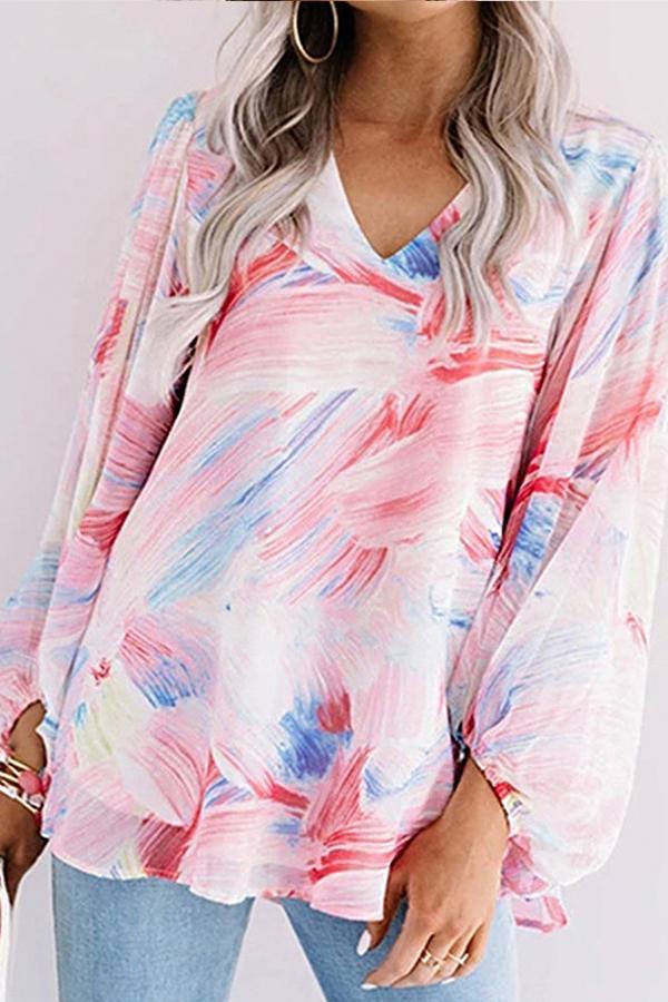 Long Sleeve V-neck Printed Chiffon Shirt