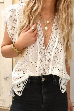 Pure Color Lace V-neck Short Sleeve Top