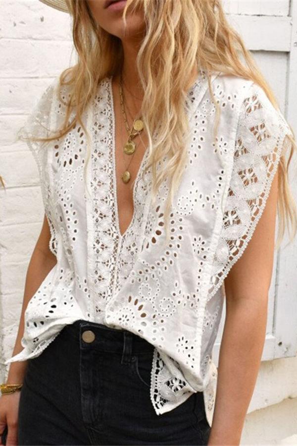 Pure Color Lace V-neck Short Sleeve Top