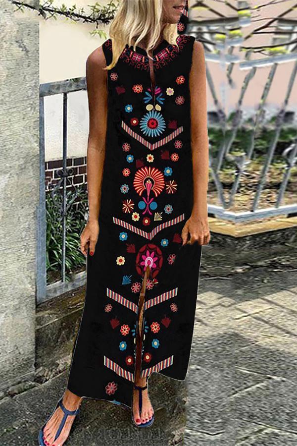 National Embroidered Sleeveless Long Dress