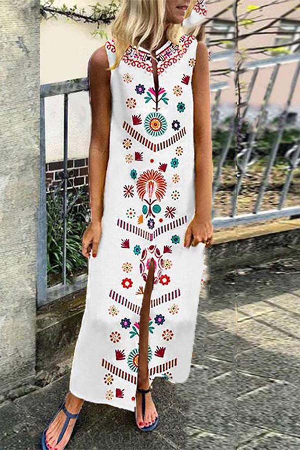 National Embroidered Sleeveless Long Dress