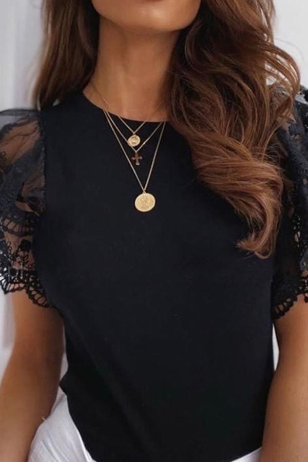 Sexy Round Neck Lace Short Sleeve Top