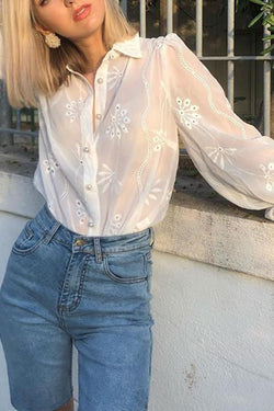 Embroidered Flower Bubble Long-sleeved Top