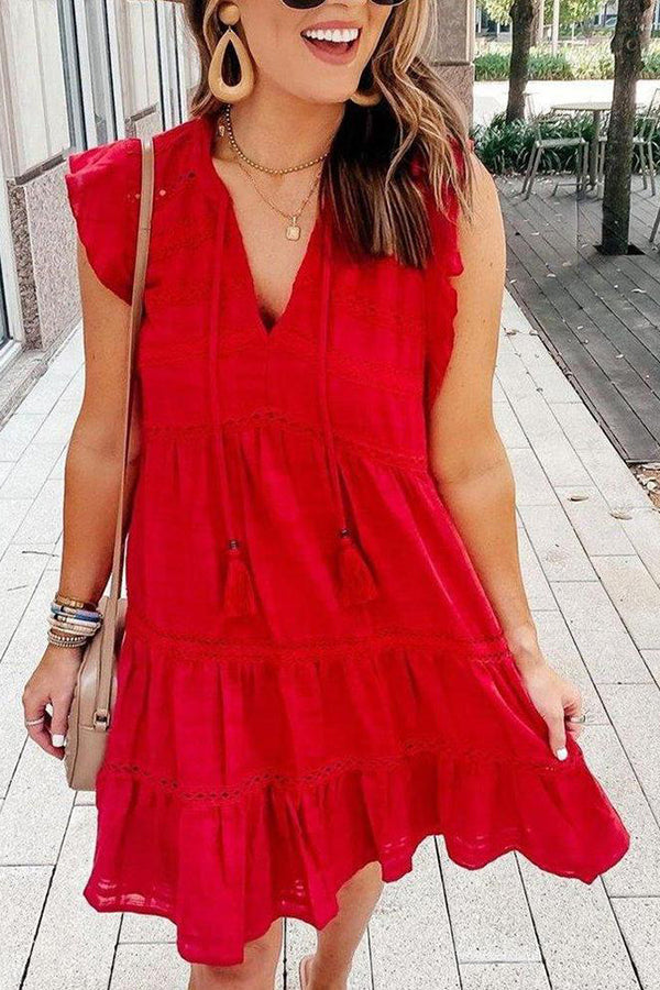 Loose A-line V-neck Fringe Lace Dress