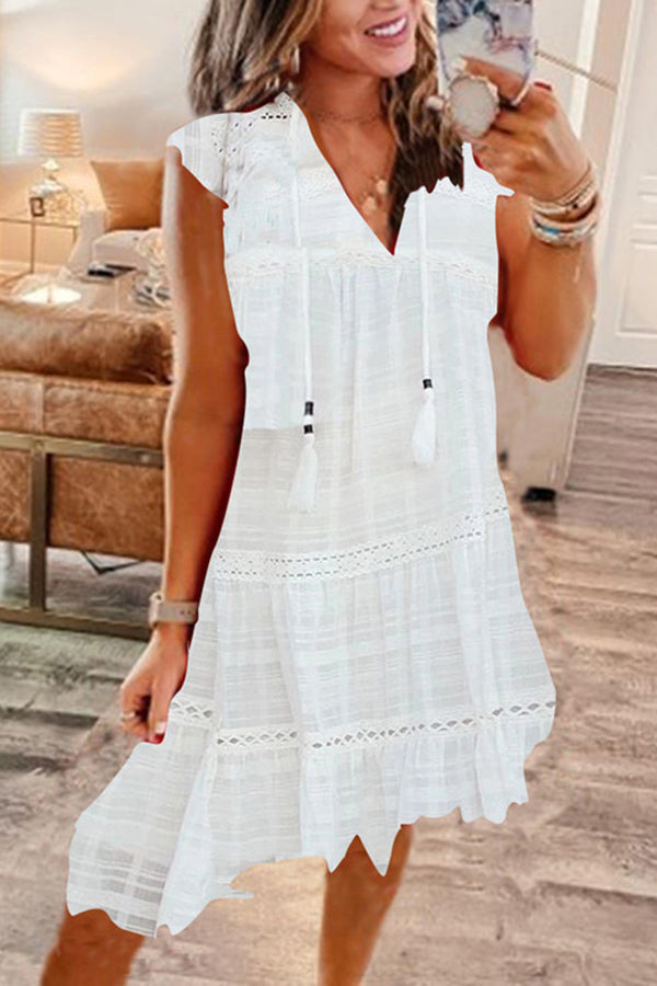 Loose A-line V-neck Fringe Lace Dress