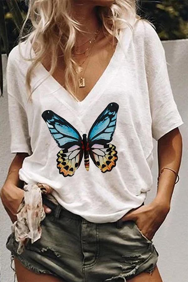 Butterfly Print V-neck Short-sleeved T-shirt