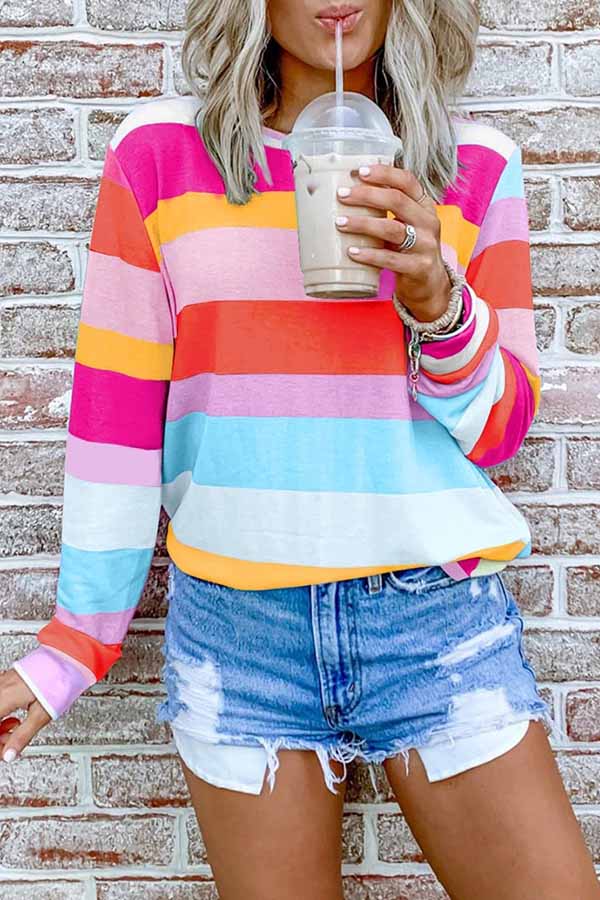 Round Collar Printed Striped Blouse