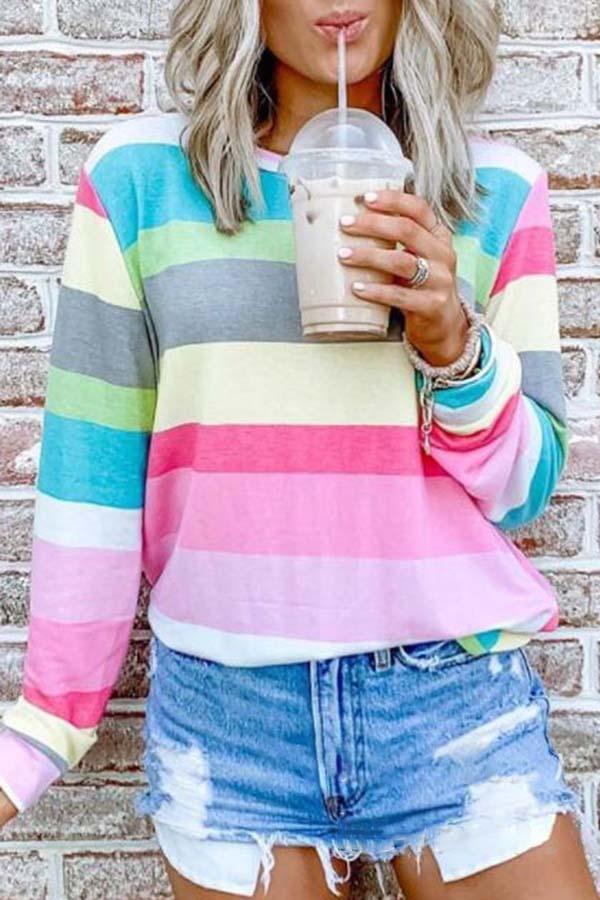 Round Collar Printed Striped Blouse