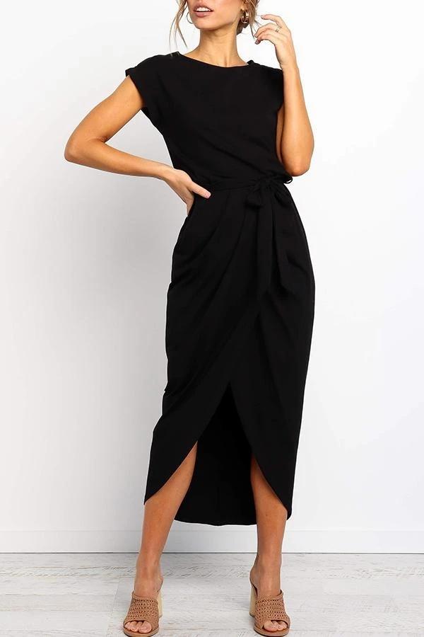 Solid Color Round Neck Irregular Dress