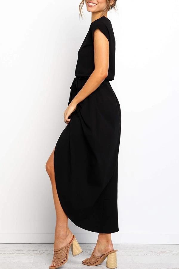 Solid Color Round Neck Irregular Dress