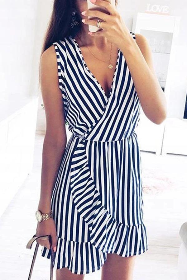 Sleeveless Striped V Neck Dress