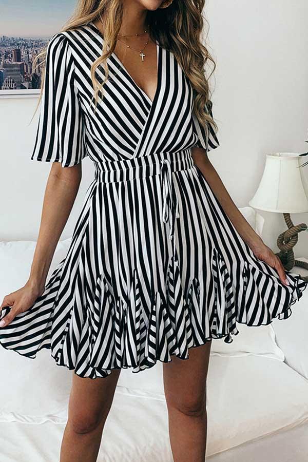 Printed Stripe Lace Short Sleeve Dress