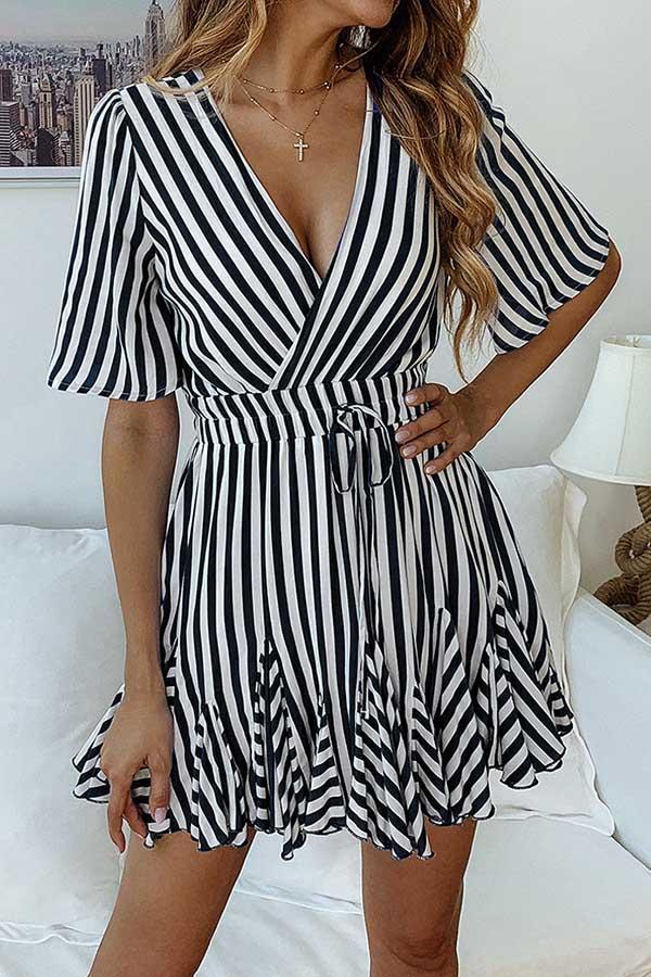 Printed Stripe Lace Short Sleeve Dress