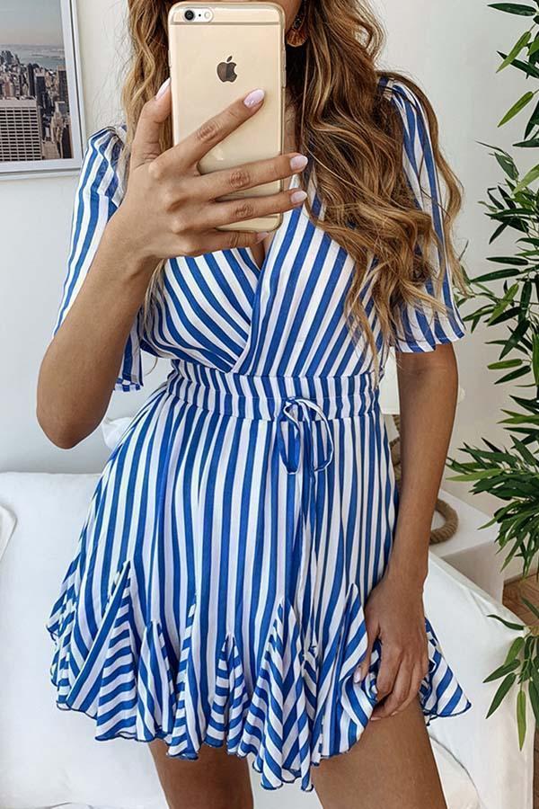 Printed Stripe Lace Short Sleeve Dress