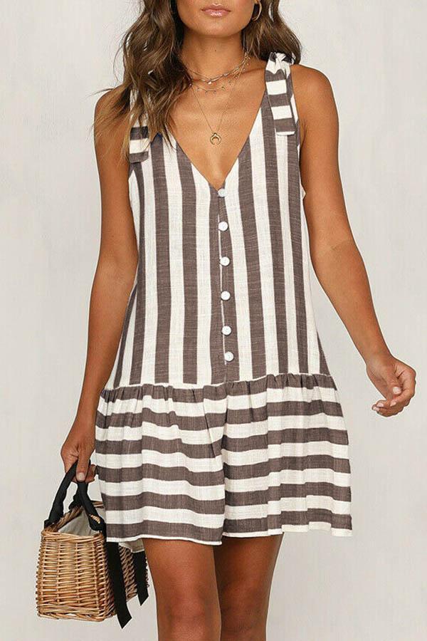 Sleeveless Striped Button Panel Dress