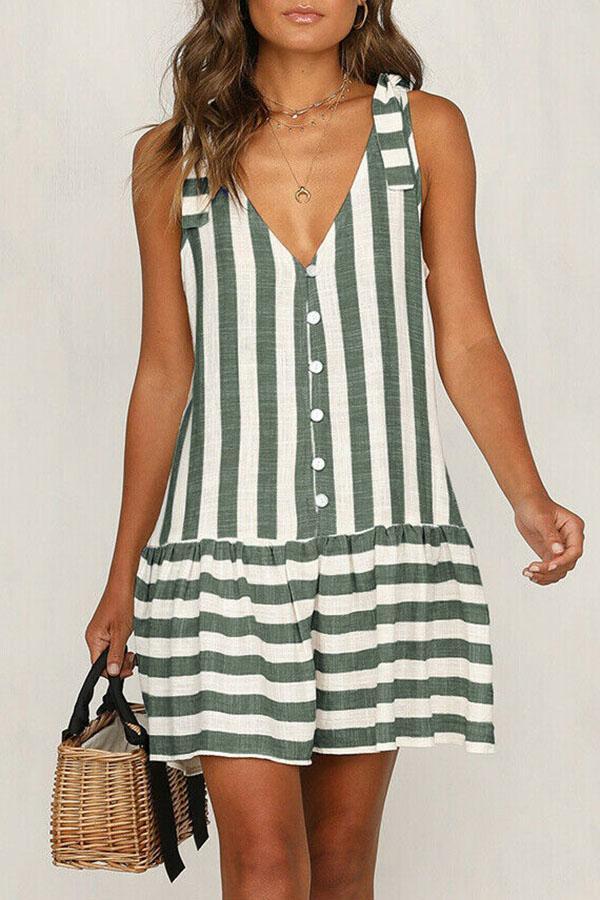 Sleeveless Striped Button Panel Dress