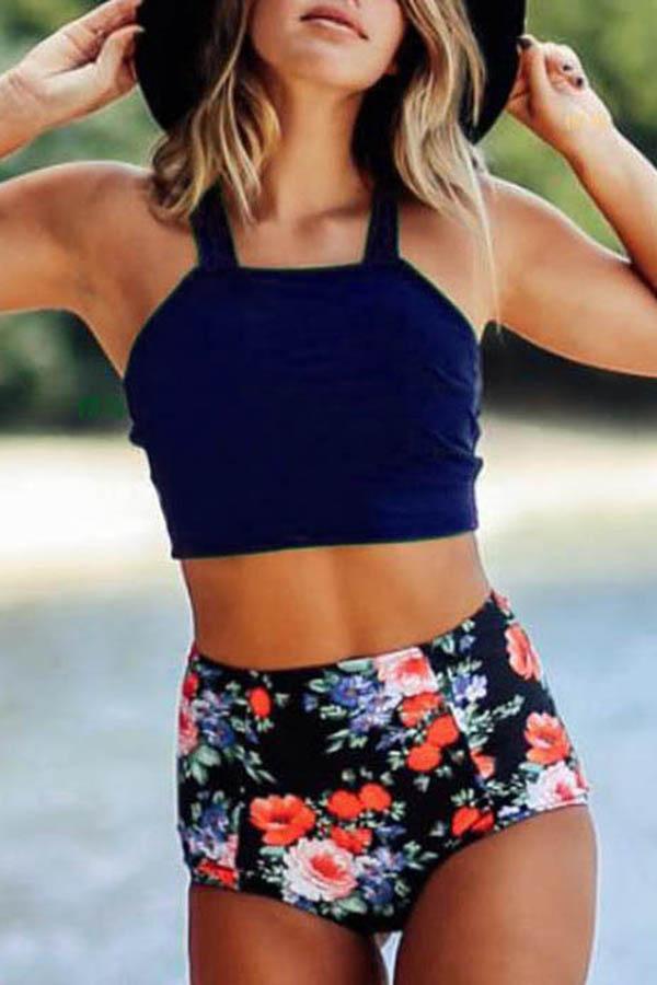 Square Neck Sleeveless Floral Print Swimsuit