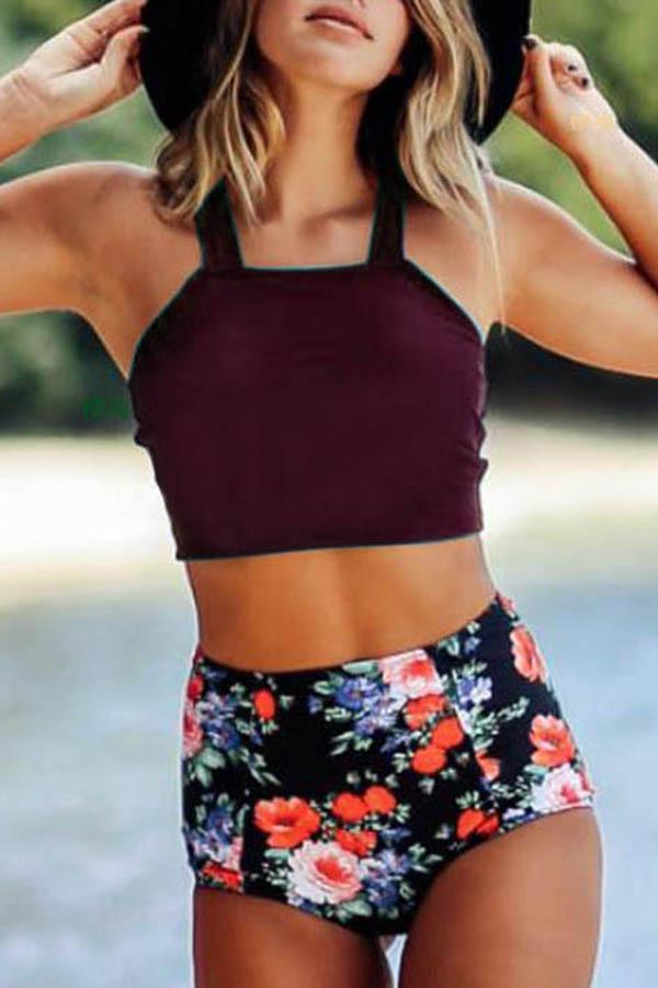 Square Neck Sleeveless Floral Print Swimsuit