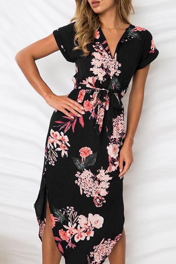 Sexy V-neck Floral Print Midi Dress