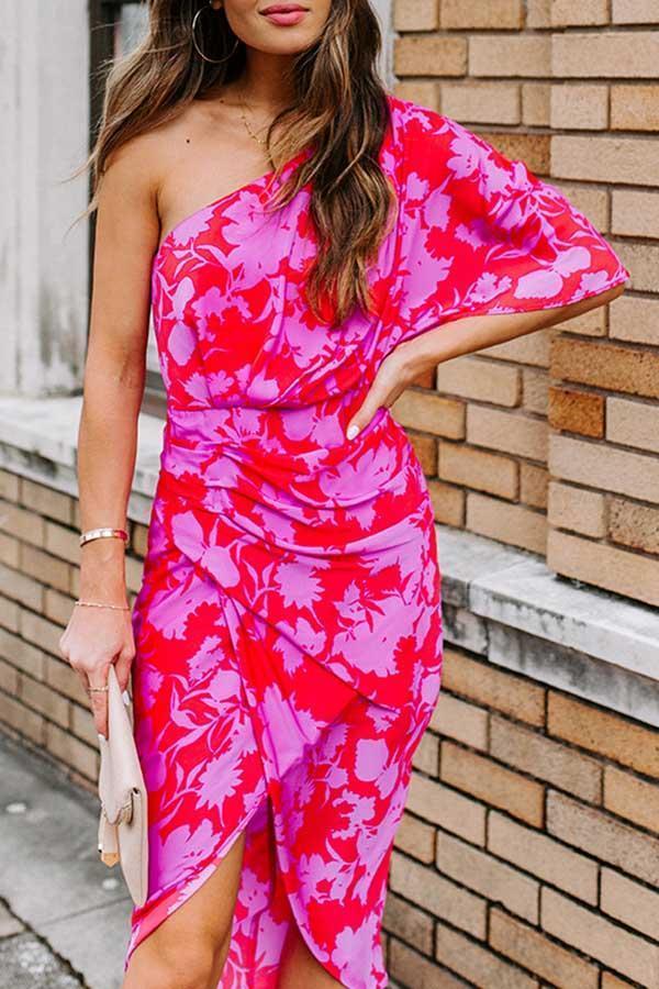 Oblique Shoulder Open Back Print Dress