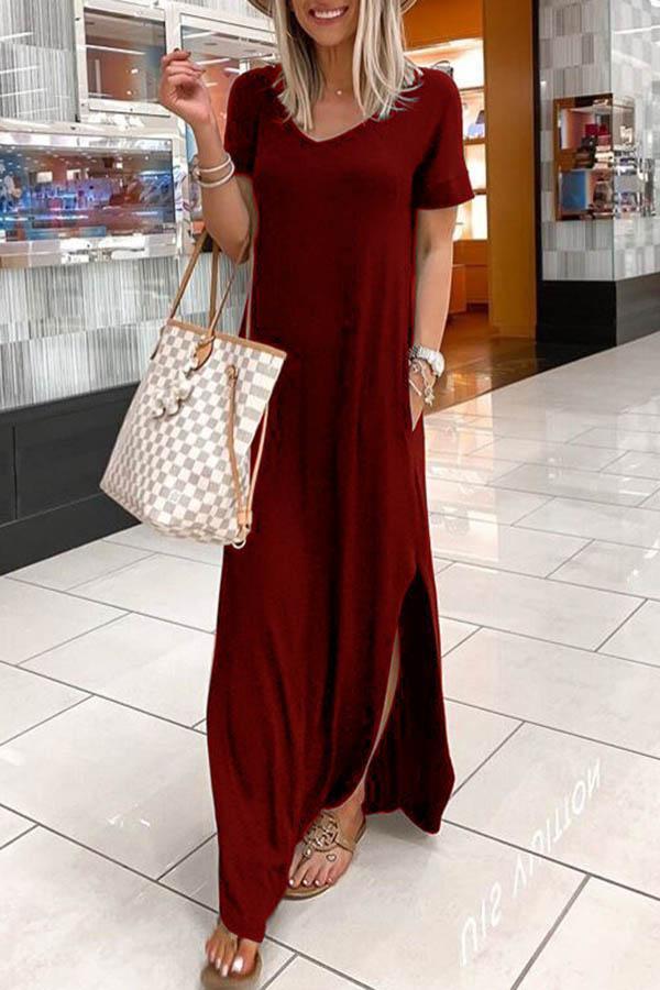 V-neck Casual Pocket Split Dress