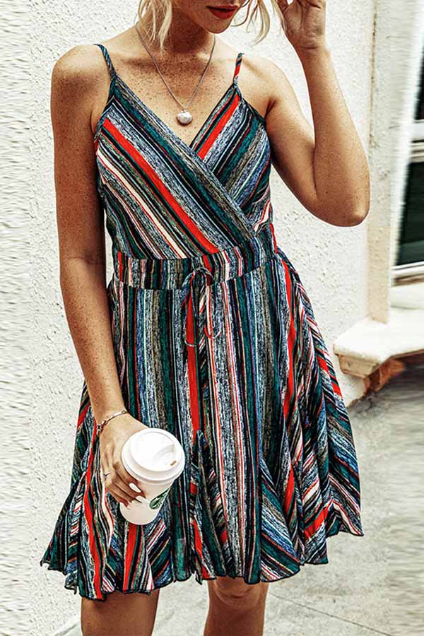 Rainbow Striped V-neck Camisole Dress