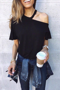 Solid Color Short Sleeve Halter Neck T-shirt 