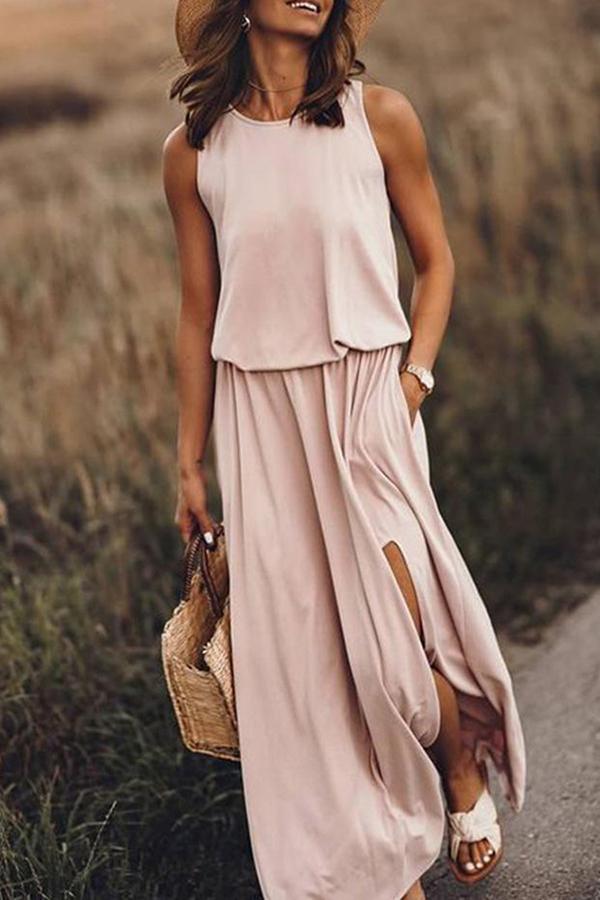 Round Neck Sleeveless Split Solid Color Dress