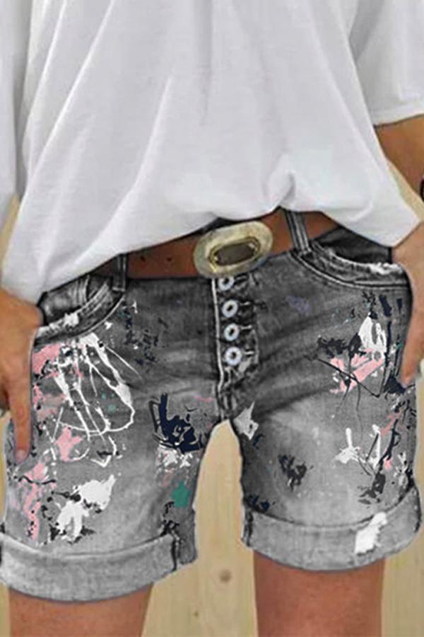 Multi-button Printed Denim Shorts