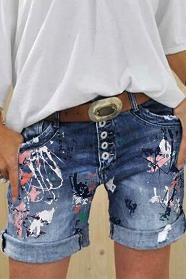 Multi-button Printed Denim Shorts