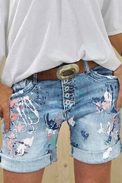 Multi-button Printed Denim Shorts