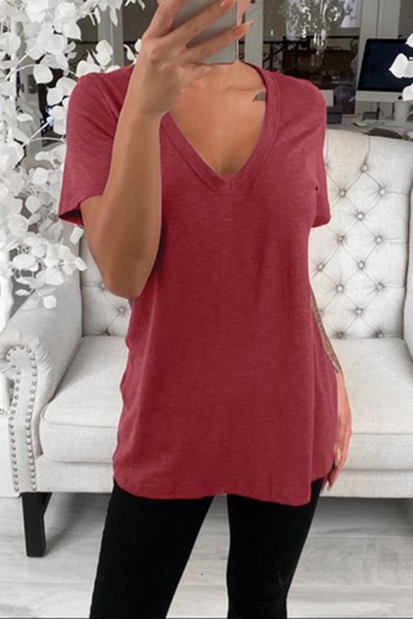 Solid Color V-neck Short Sleeve Tops