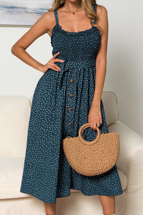 Polka Dot Sleeveless Dress(With Buttons)