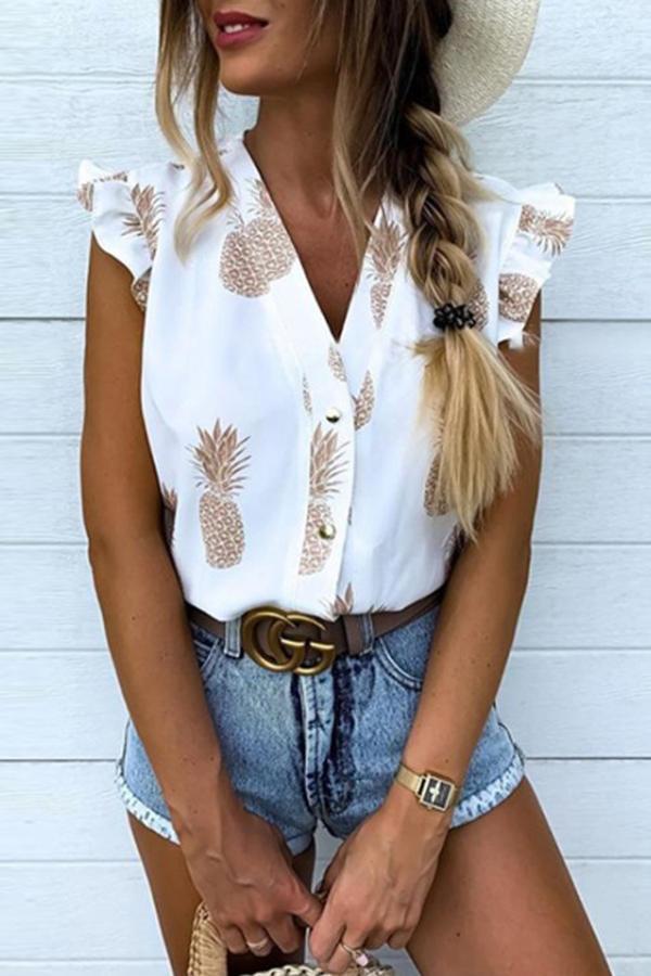 Printed Ruffle Sleeve V-neck Shirt