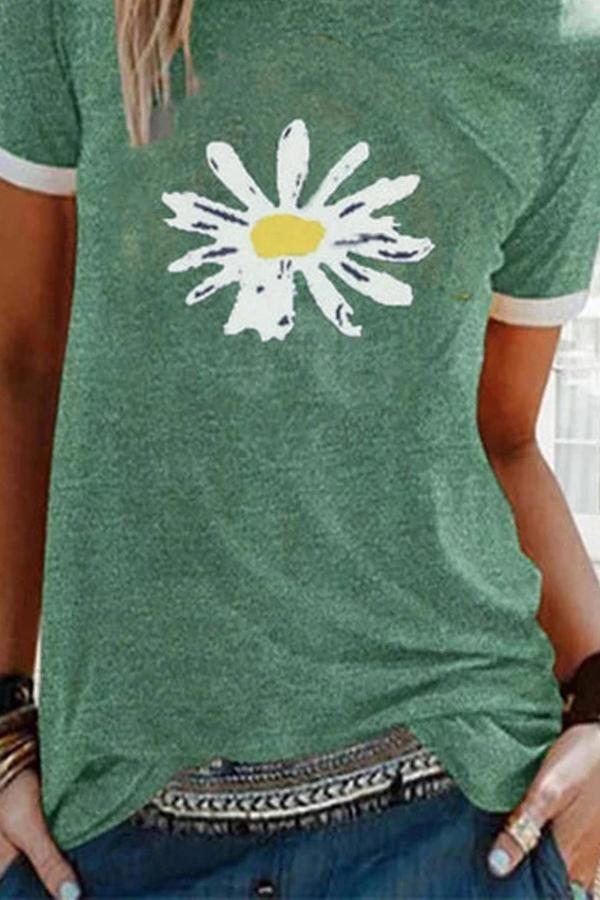 Daisy Printed Round Neck Daily T-shirt