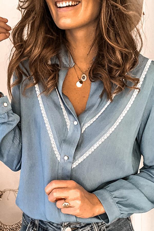 Lace Trim Long Sleeve Denim Shirt