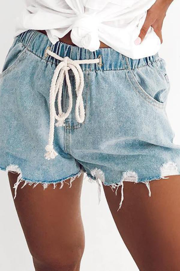  Casual  Elastic Waist Bleach Wash Denim shorts 