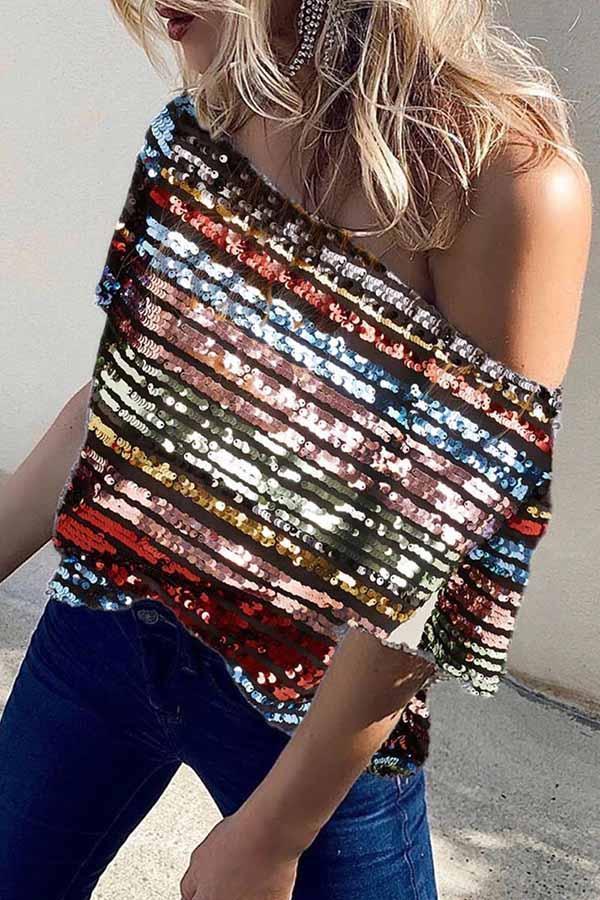 Short Sleeve Off Shoulder Sequin Top