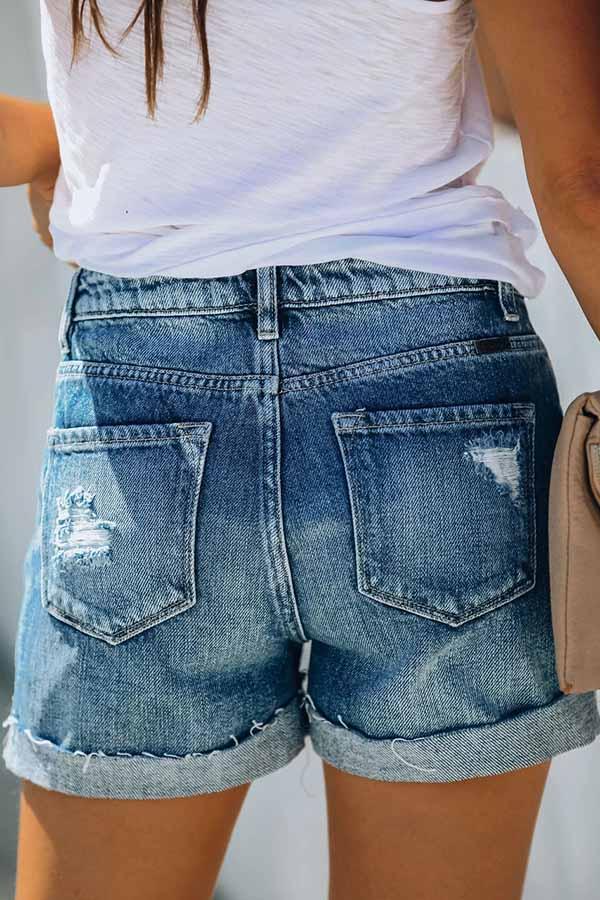 High Rise Cuffed Denim Shorts