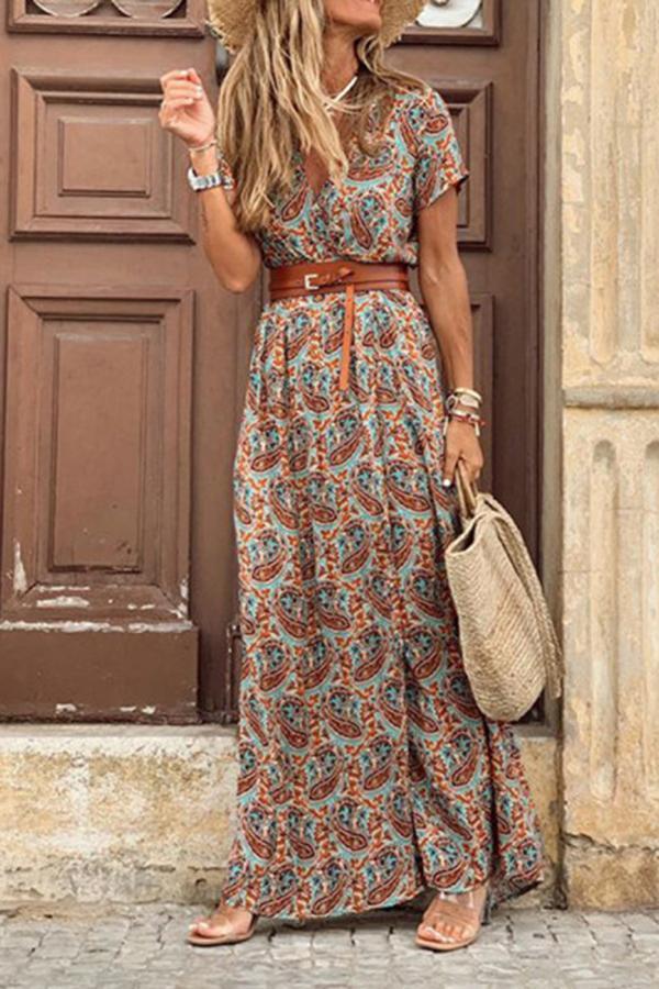 Bohemian V-neck Short Sleeve Printed Dress